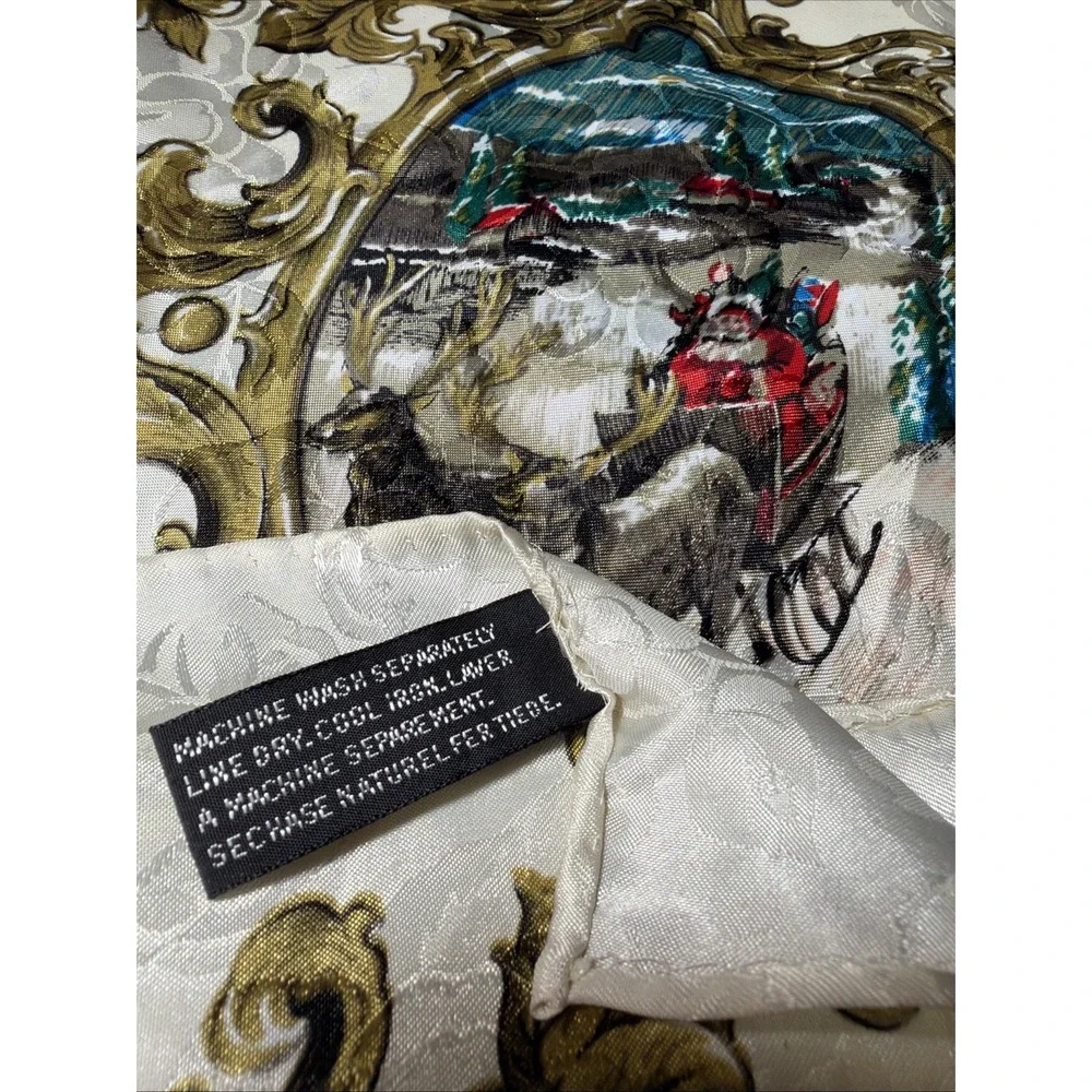 Vintage Christmas Santa Scene Scarf Ivory Gold Baroque Polyester 30x30 Korea